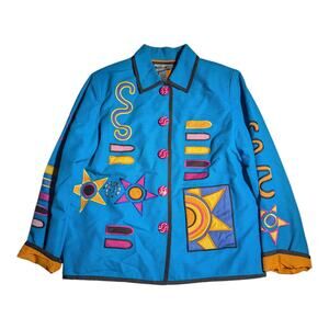 Vtg Y2K Indigo Moon Blue Orange Sun Applique Button Up Bold Jacket Sz S